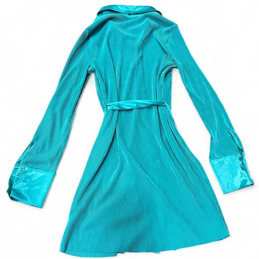 RO & DE Teal Pleated Shirt Dress with Satin Trim & Tie Belt Size S - Picture 4 of 4